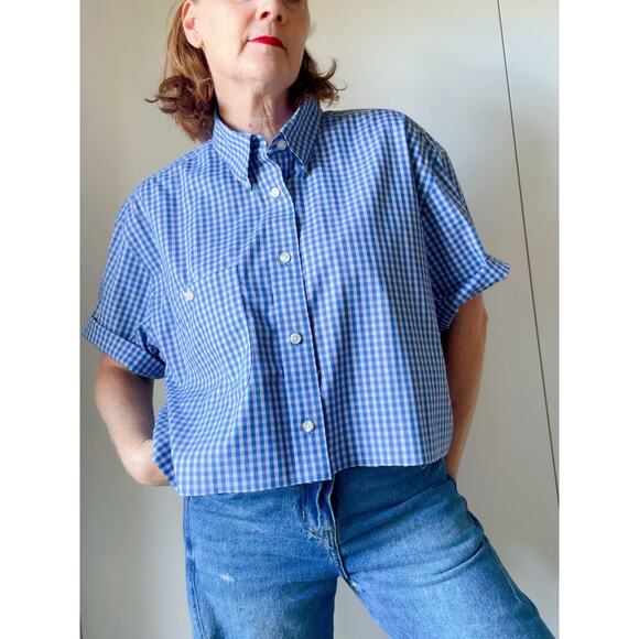 Upcycled Vintage Orvis Button-Up Shirt Cropped Blue Size XL Preppy Reworked - Picture 1 of 7